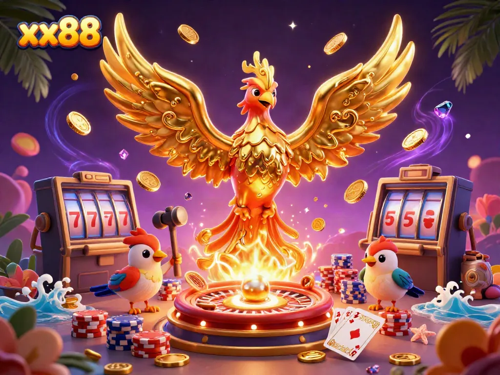Experience winning moments at xx88 with a dynamic illustration of a golden phoenix and casino elements.