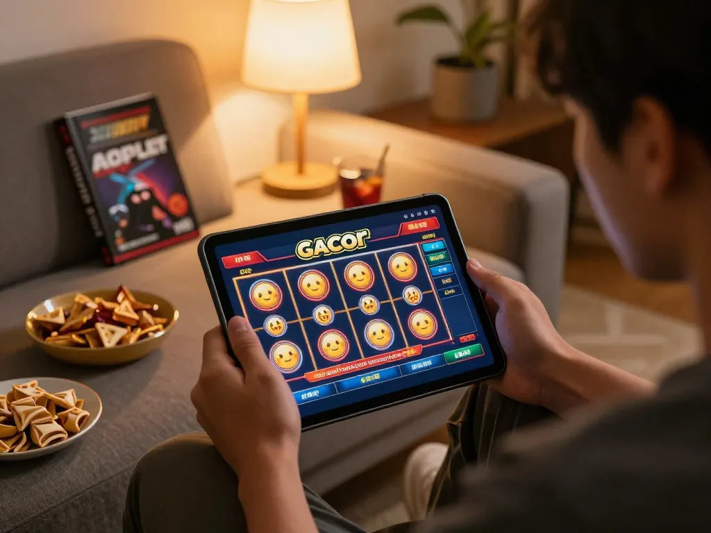 Engaging in slot gacor gameplay on tablet, cozy home environment promoting responsible gaming
