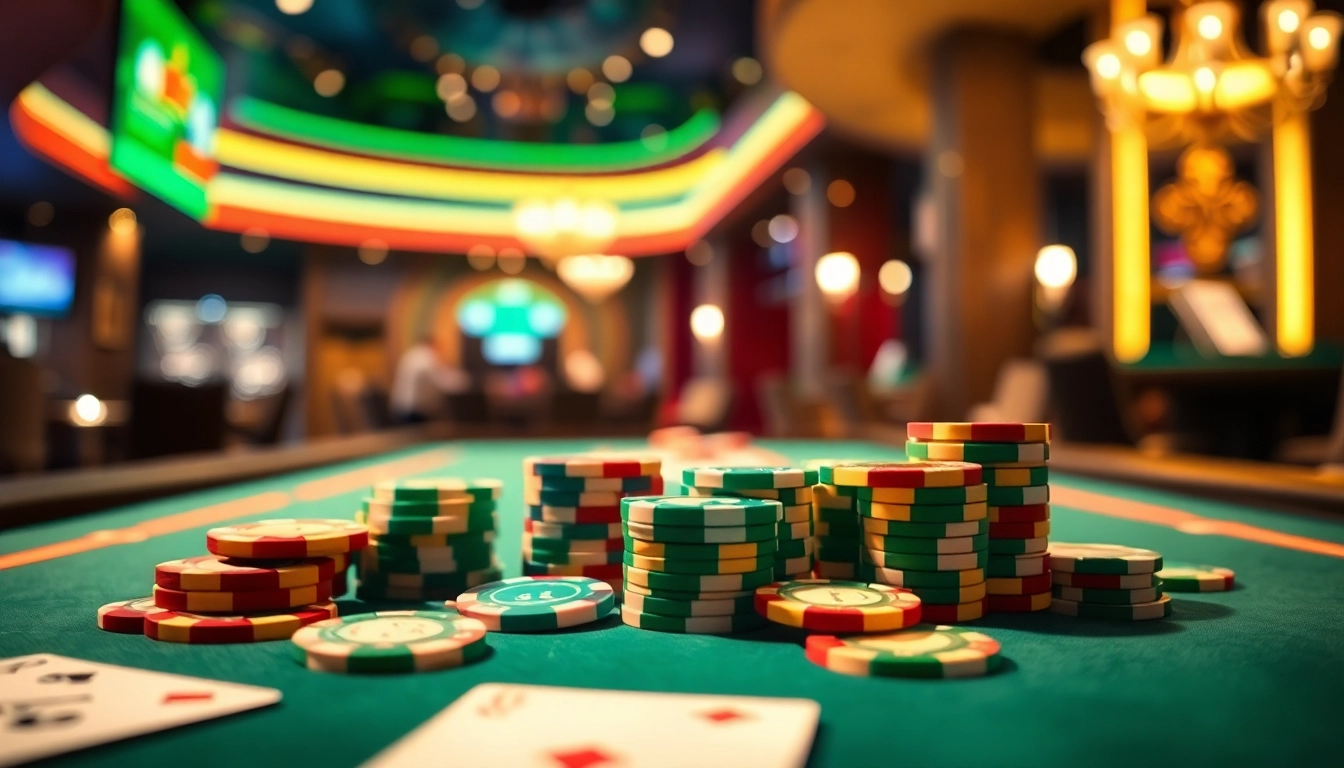 Permainan menarik bbtn4d di meja kasino dengan kartu dan chip berwarna-warni.