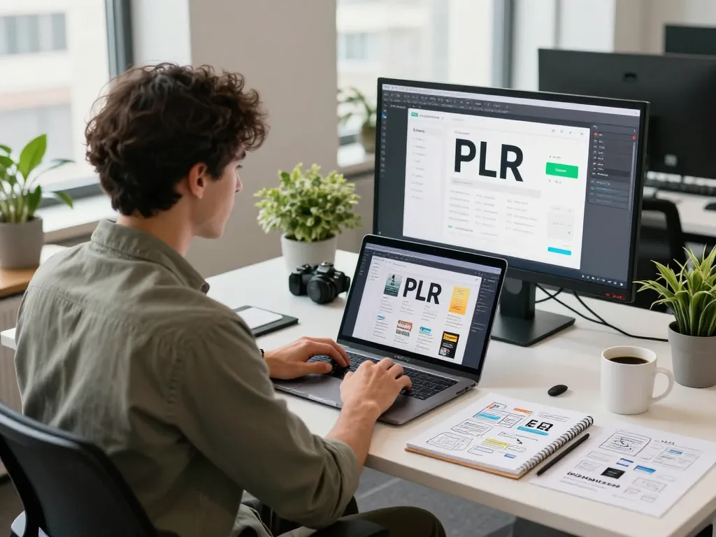 Purchase PLR Content in a modern workspace showcasing innovative digital products.