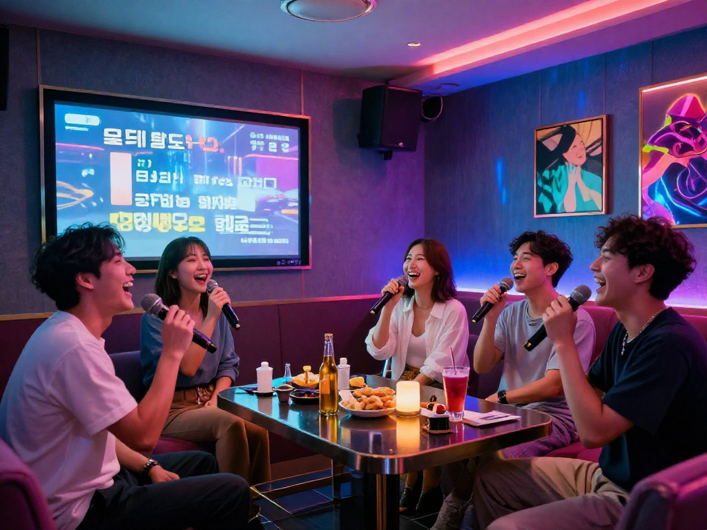 강남 달토 가라오케에서 즐거운 친구들과 함께 노래 부르는 모습, 화려한 조명과 대형 화면이 있는 공간