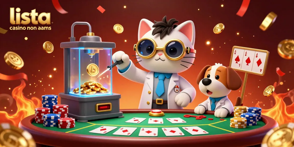 Illustra la scena dinamica dei migliori casino non AAMS in un laboratorio con il gatto scienziato e il cane assistente.