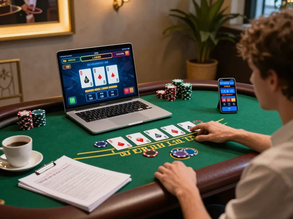 Engaging person playing dagelan4d resmi online blackjack on laptop with strategy notes.