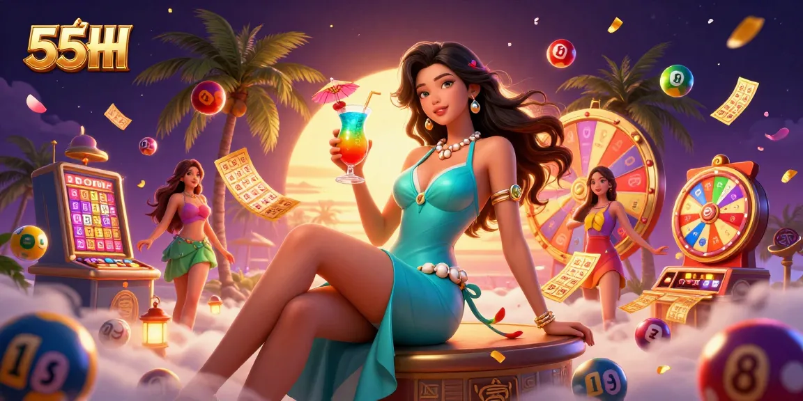 Experience excitement at 55HH with colorful lottery balls and a glamorous beach setting.