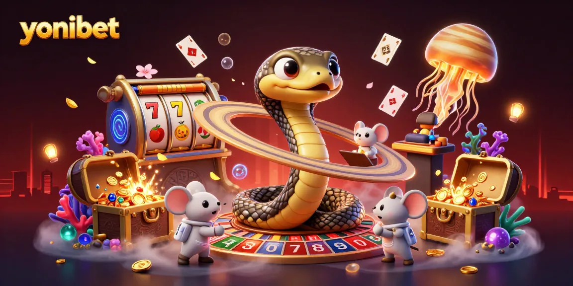 Experience thrilling gameplay at yonibet with a vibrant cartoon cosmos scene, featuring a roulette wheel, card games, and gold treasure.