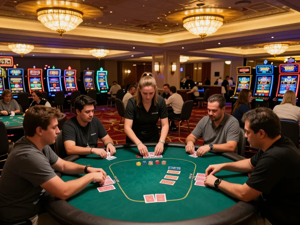 Players enjoying engaging poker gameplay at 58win casino with dealer managing bets.