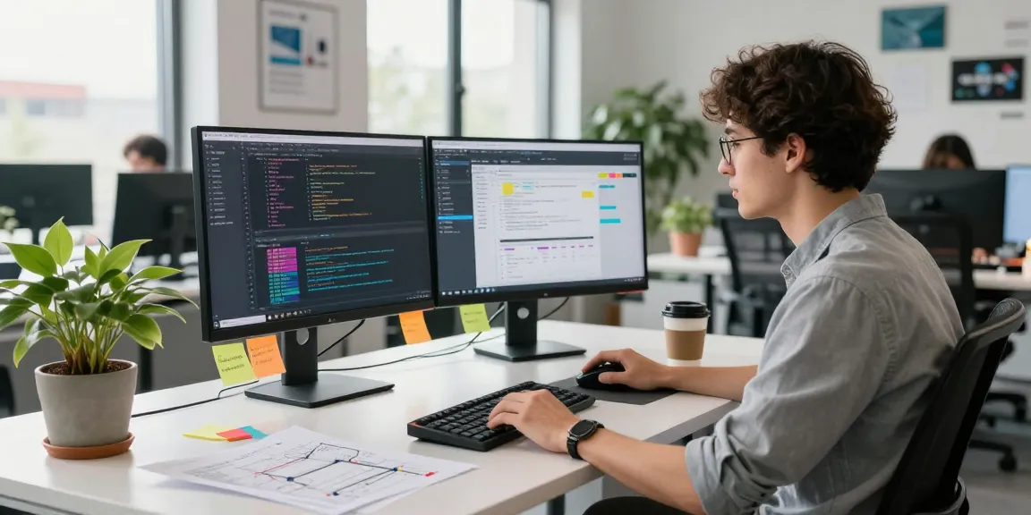 Dynamic software development environment featuring 纸飞机官网 applications on multiple screens with modern tech elements.