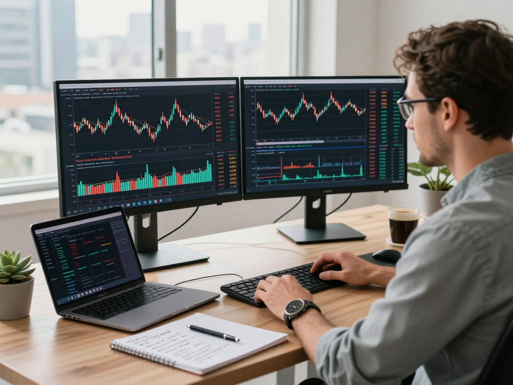 Trader using TradingView in a modern workspace, showcasing financial graphs and alerts.