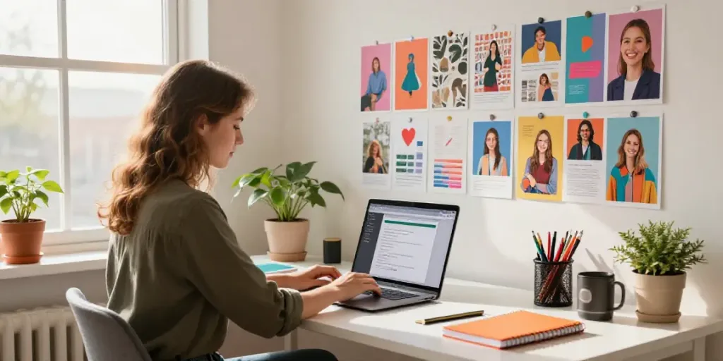 Creating Pinterest descriptions with AI in a bright home office.