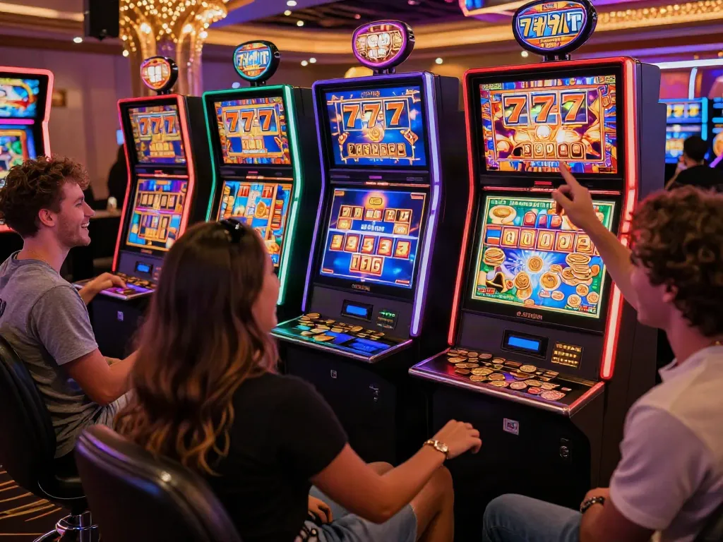 Permainan slot777 yang mengasyikkan di dalam kasino, teman-teman bersenang-senang saat bermain mesin slot.