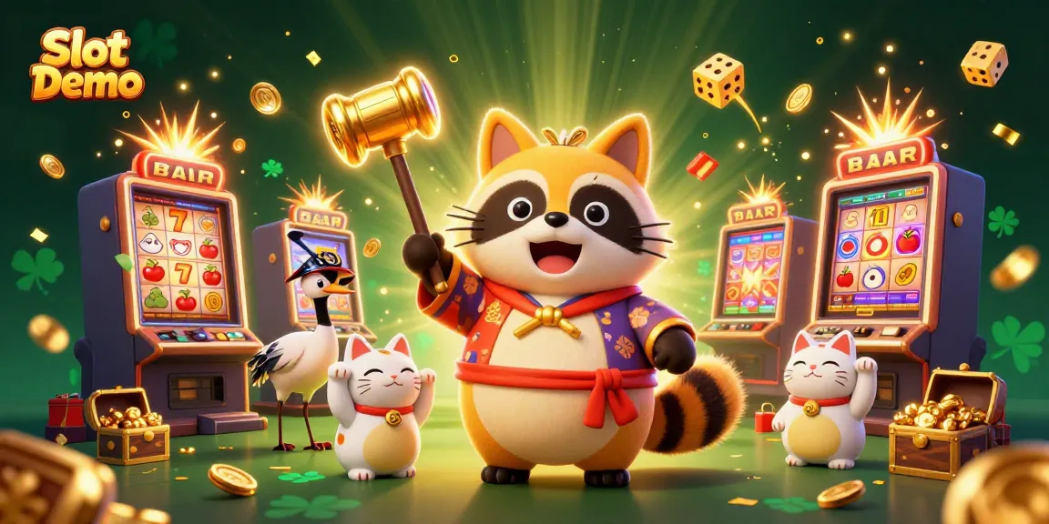 Engage with Slot Demo games showcasing a lucky tanuki and fortune cats amid a jackpot scene.
