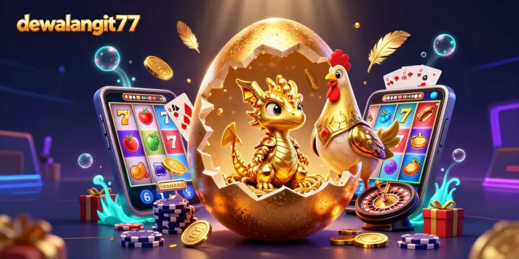 Permainan mendebarkan dari dewalangit77 dengan naga emas dan tema kasino, menampilkan slot dan poker