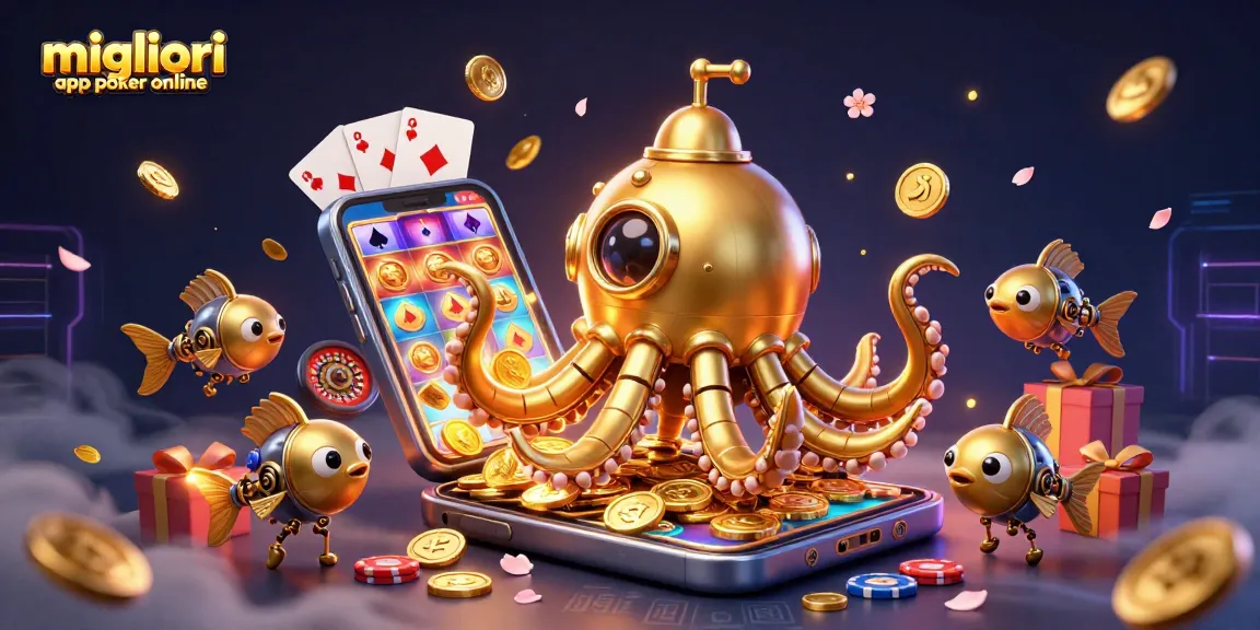 Migliori app poker online con un kraken d'oro e pesci meccanici tra mazzi di carte e monete dorate.