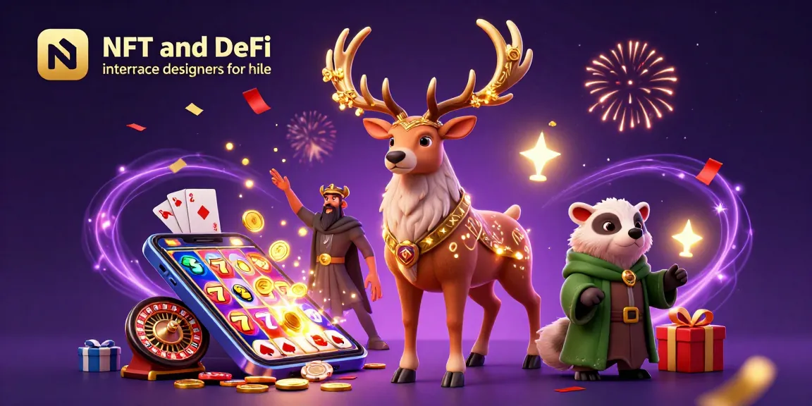 NFT and DeFi interface designers for hire showcasing 3D characters amidst a vibrant casino scene filled with slot games and poker elements.