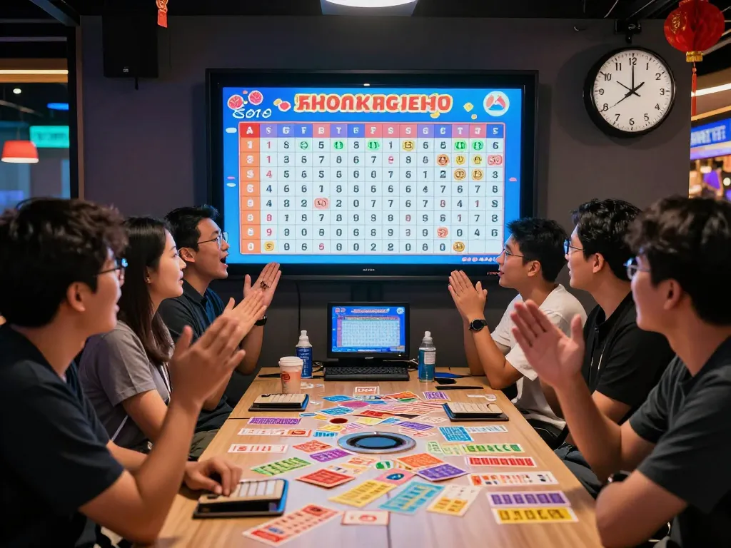 Exciting Hongkong Lotto live draw scene with diverse players gathered around a screen displaying results.
