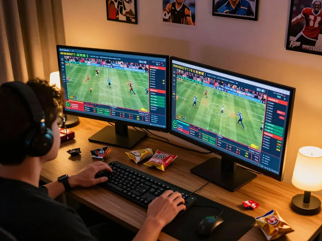 Pajaktoto user engaging in live sports betting with multiple screens showcasing odds.