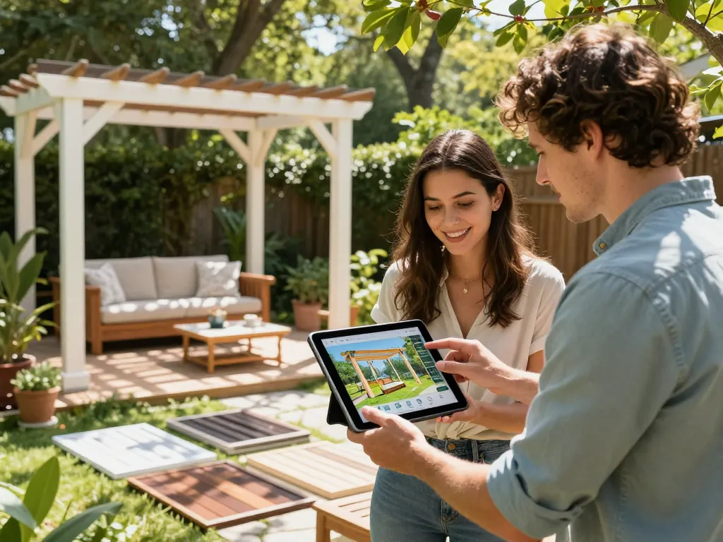 All-in-One pergola Configurator showcasing a couple designing a custom pergola in a beautiful garden setting.