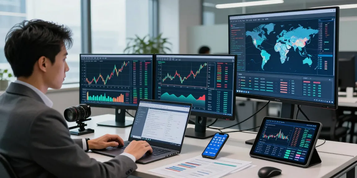 Financial crime intelligence analyst reviewing data in a modern office environment.