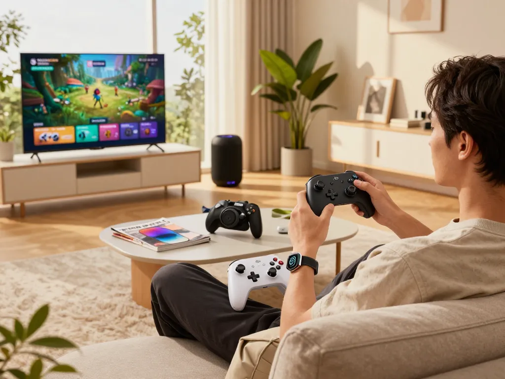 Engaging lifestyle with top 10 tech gadgets 2058 in a modern living room, showcasing Bluetooth devices.