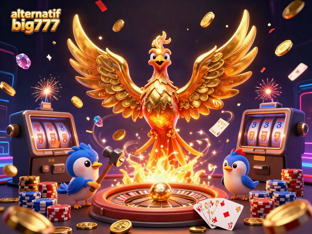 Experience exhilarating adventures with alternatif big777 as golden coins and gems cascade in a vibrant casino atmosphere.