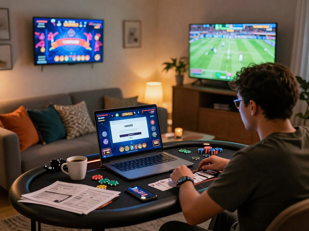 Experience rokok88 link login in a vibrant home online gaming setup featuring multiple screens and engaging ambience.
