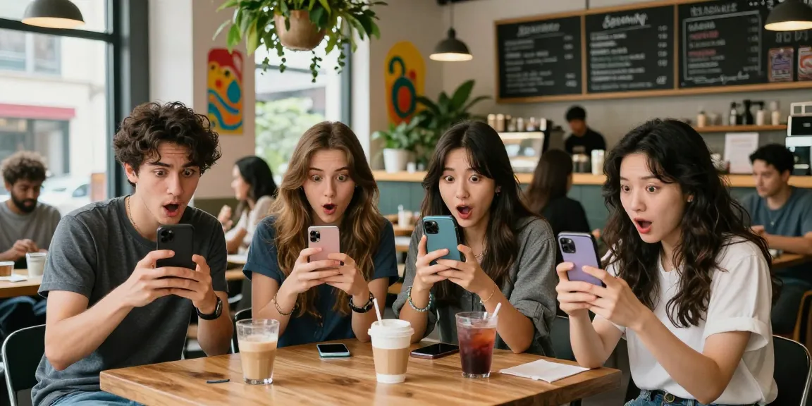 Friends in a café excitedly discovering celebrities that look alike them through their smartphones, showcasing joyous moments.
