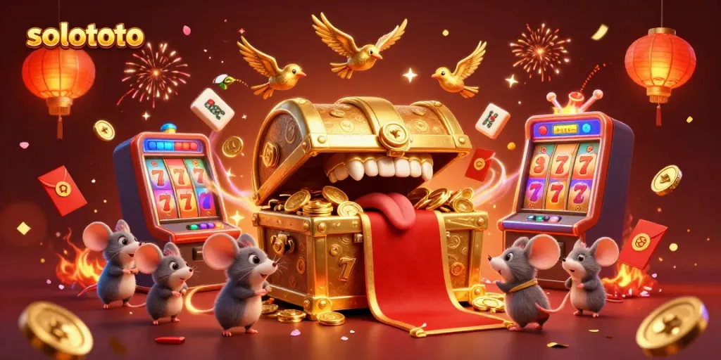 Ilustrasi 3D solototo yang menampilkan peti harta karun berkilau dengan elemen kasino menarik, memikat pemain.