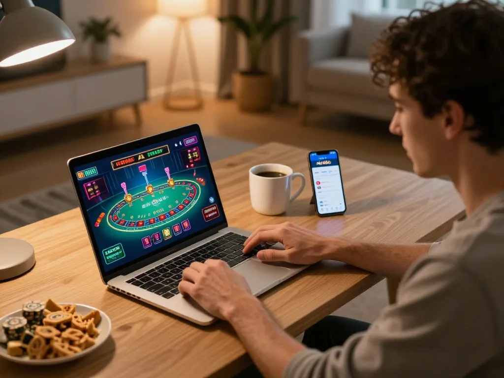 Engaging online gaming session with sky88c app shown on laptop screen and strategic notes nearby