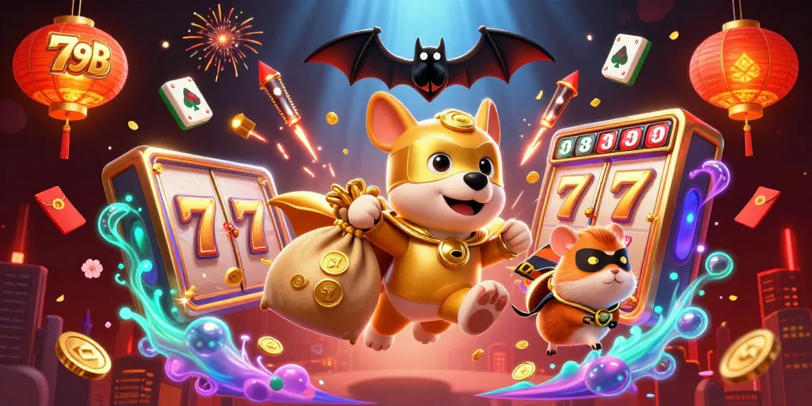 Spin to win with 79B in this vibrant 3D casino scene featuring playful characters and jackpots.