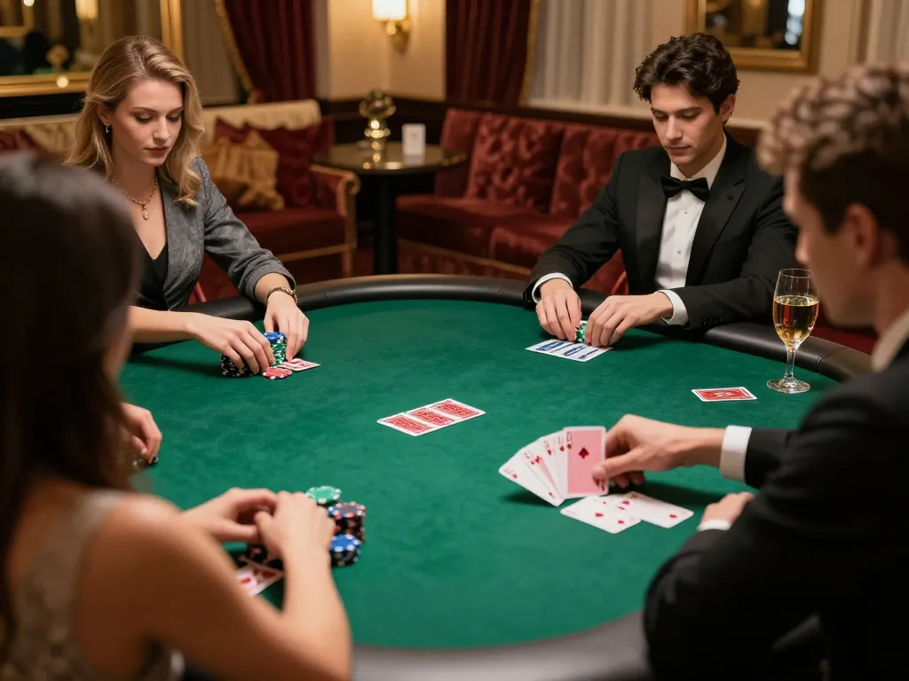 Players enjoying strategic gameplay at GOOD88's luxurious poker table with chips and cards.
