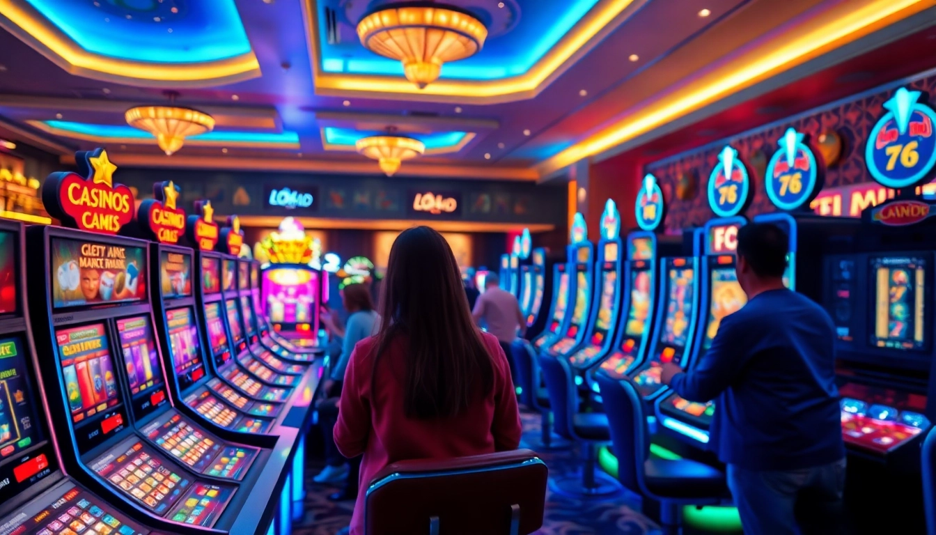 Menggunakan LOL4D di kasino dengan mesin slot yang cerah dan pemain yang bersemangat.