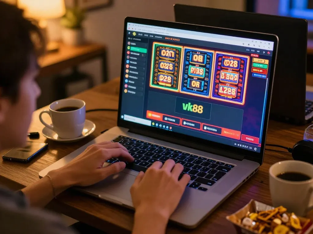 Engaging in vk88 online casino gaming through laptop at a cozy home setup.