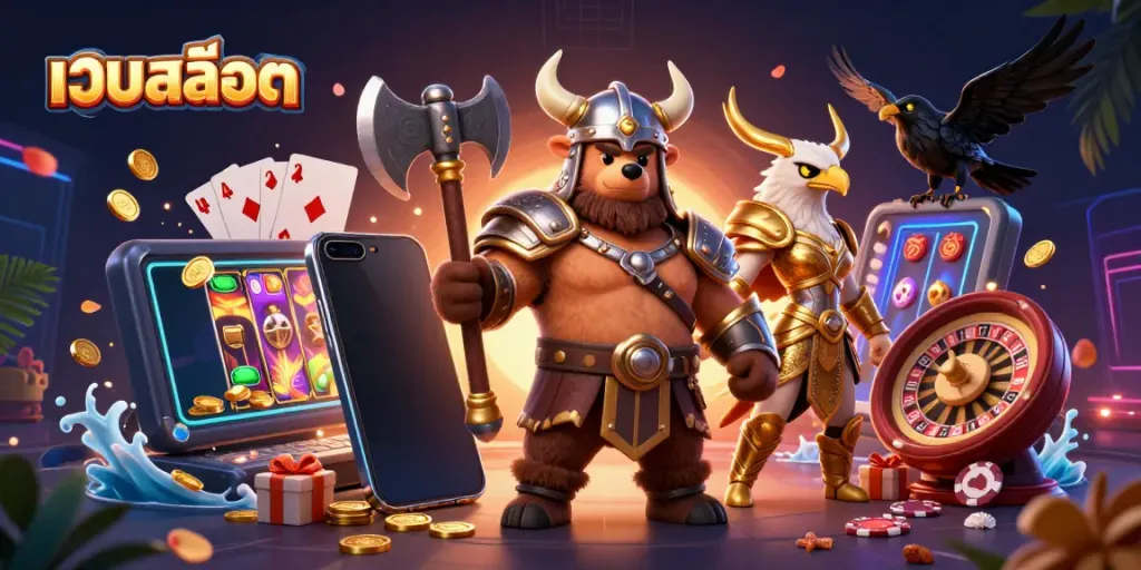 Experience an immersive เว็บสล็อต environment with Viking characters and vibrant casino elements.