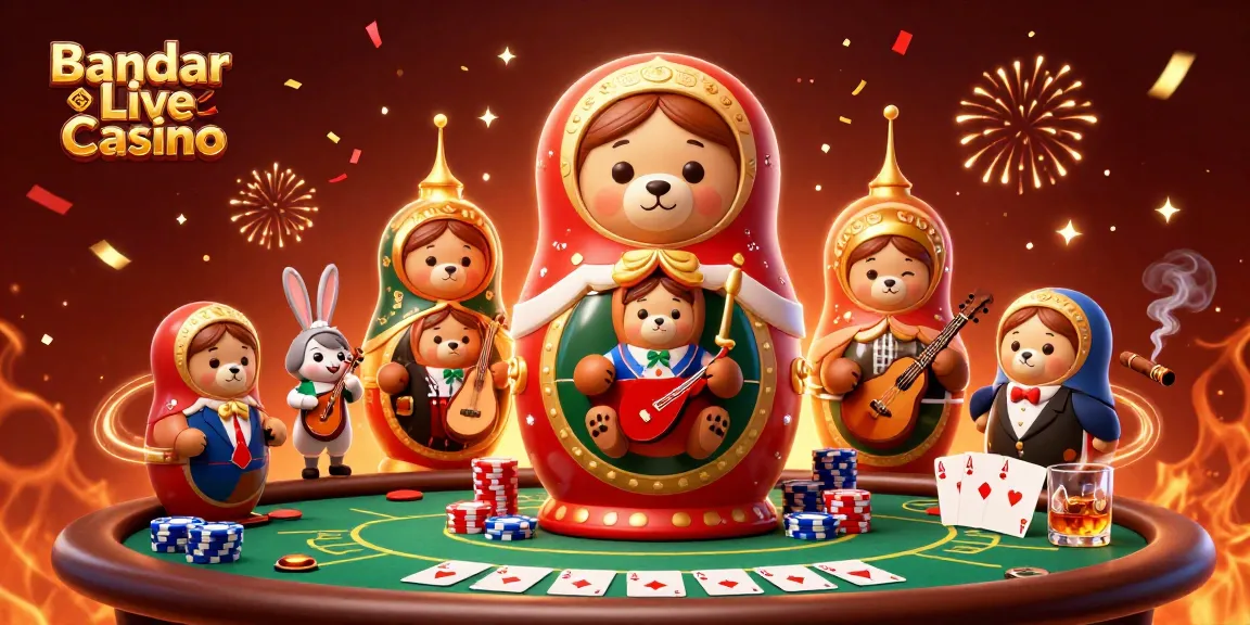 Experience the excitement of Bandar Live Casino with this vibrant 3D illustration filled with casino elements.