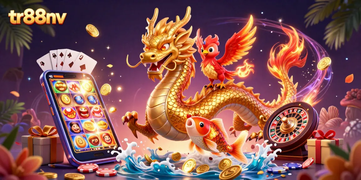 Engage with tr88nv's vibrant gaming world featuring a golden dragon, phoenix, and koi fish.