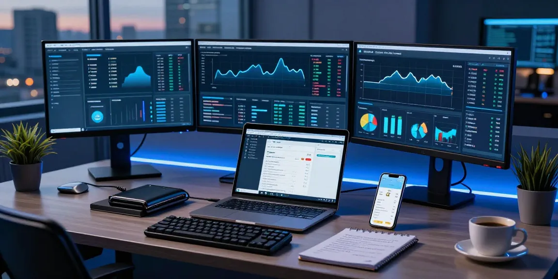 cloud mining crypto workspace with multiple screens displaying cryptocurrency analytics and data, showcasing a secure hardware wallet and blockchain tools.