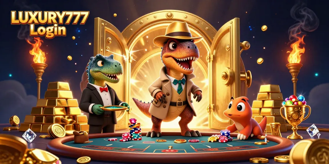 Gambarlah LUXURY777 Login dengan velociraptor bermain blackjack di kasino, dikelilingi harta karun.
