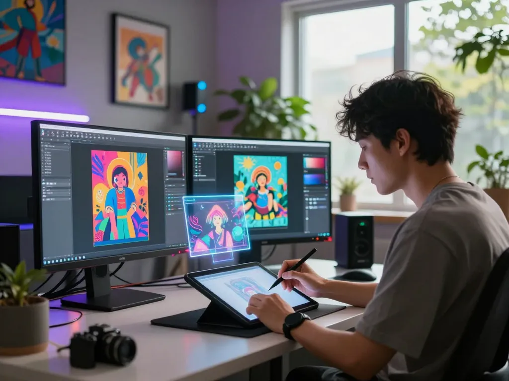 Artist engaged in NSFW AI image creation at a high-tech studio, featuring colorful holograms and digital tools.
