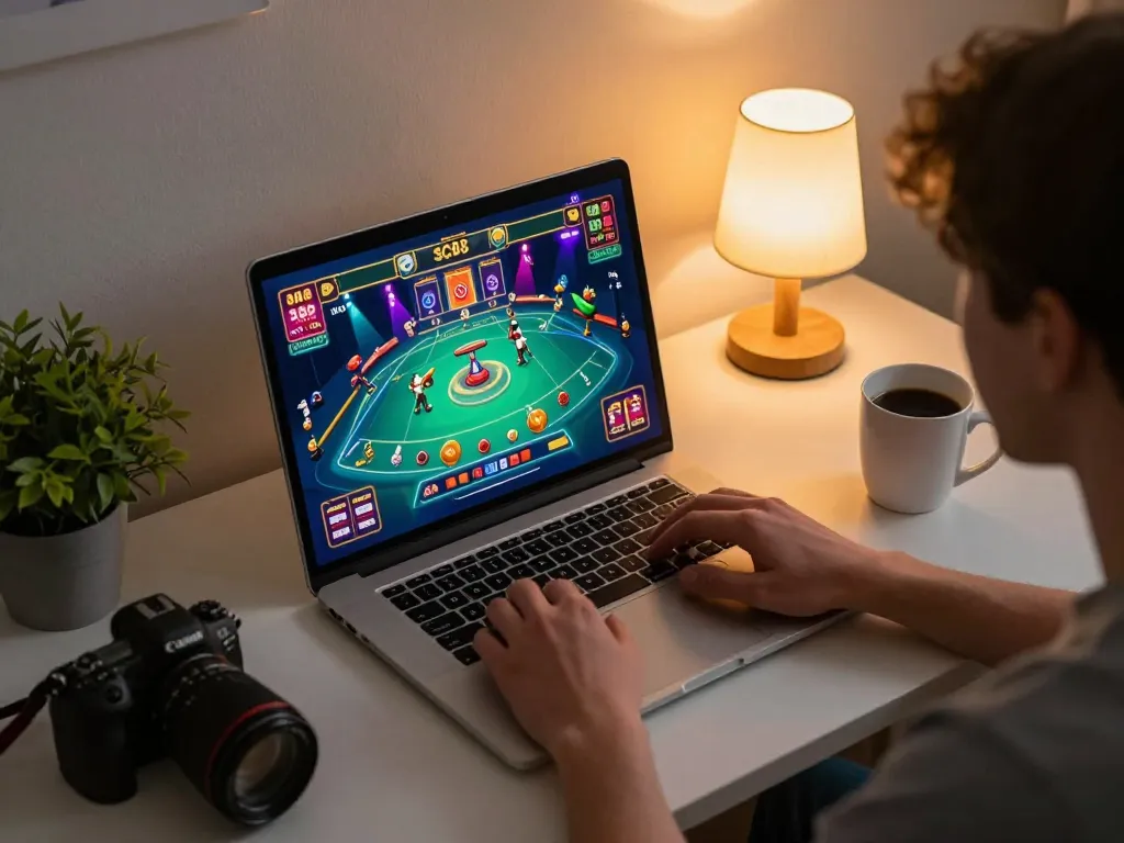 Engaging in online SC88 gameplay at home, showing excitement and strategic focus.