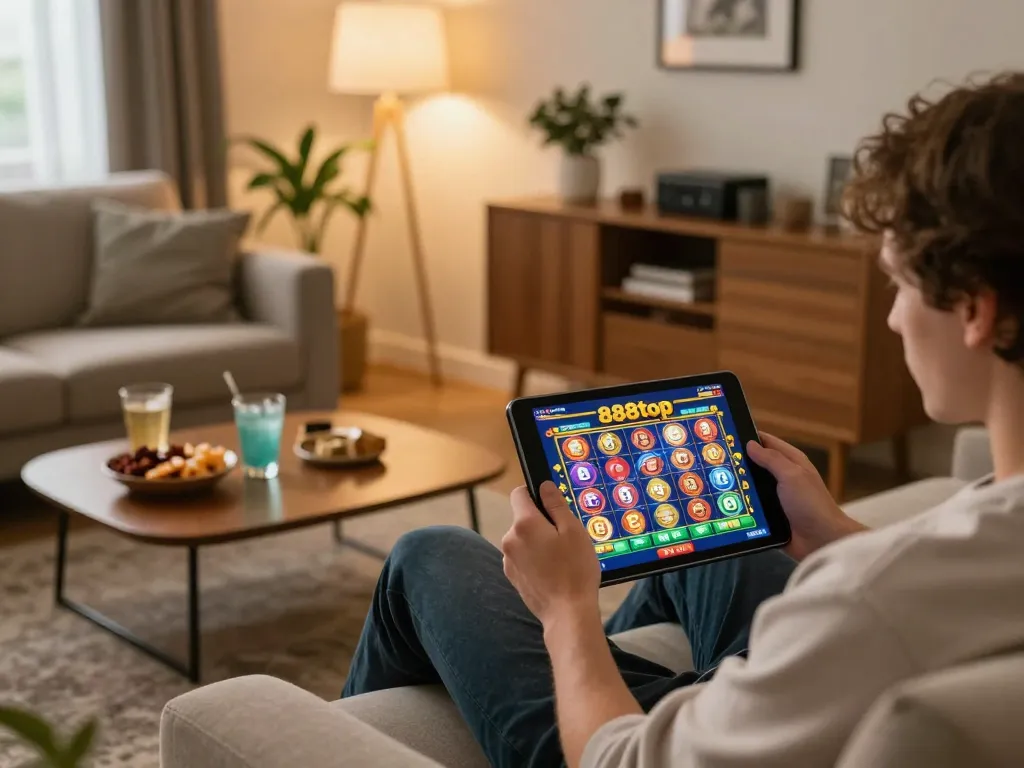 Player enjoying slot games on 888top using tablet in cozy living room setting
