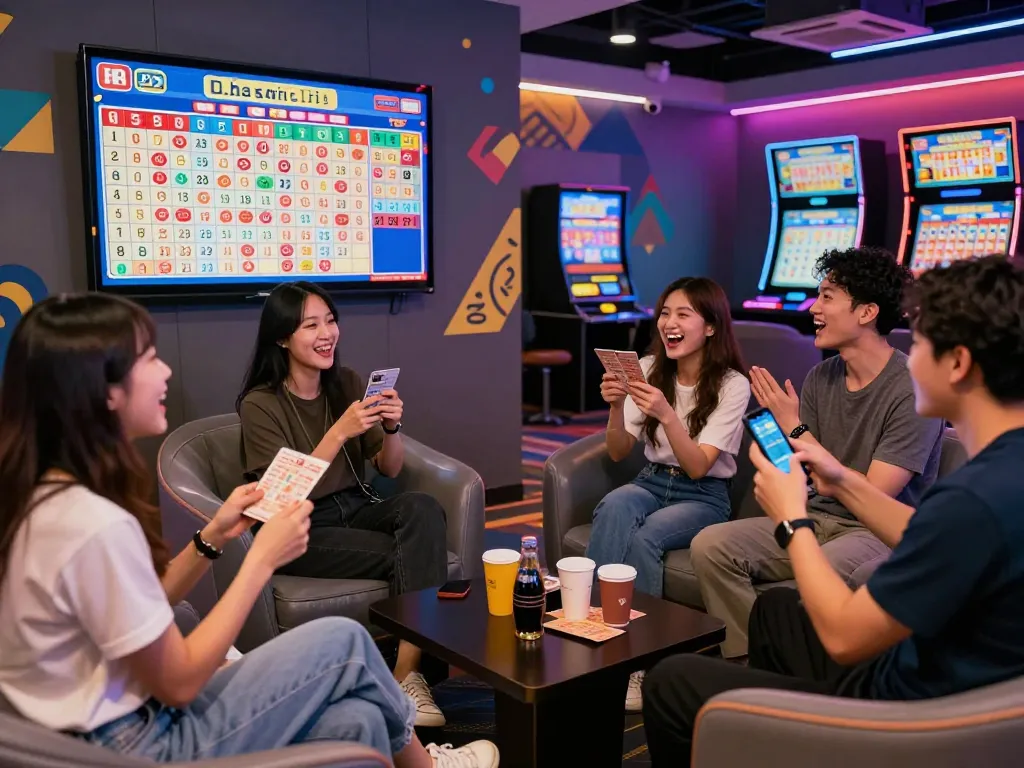 Friends celebrating Hongkong Lotto results in a vibrant gaming lounge.