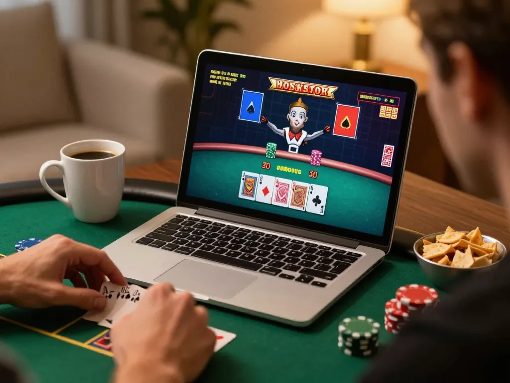 Play poker on XN88's online platform with a laptop and live dealer game.
