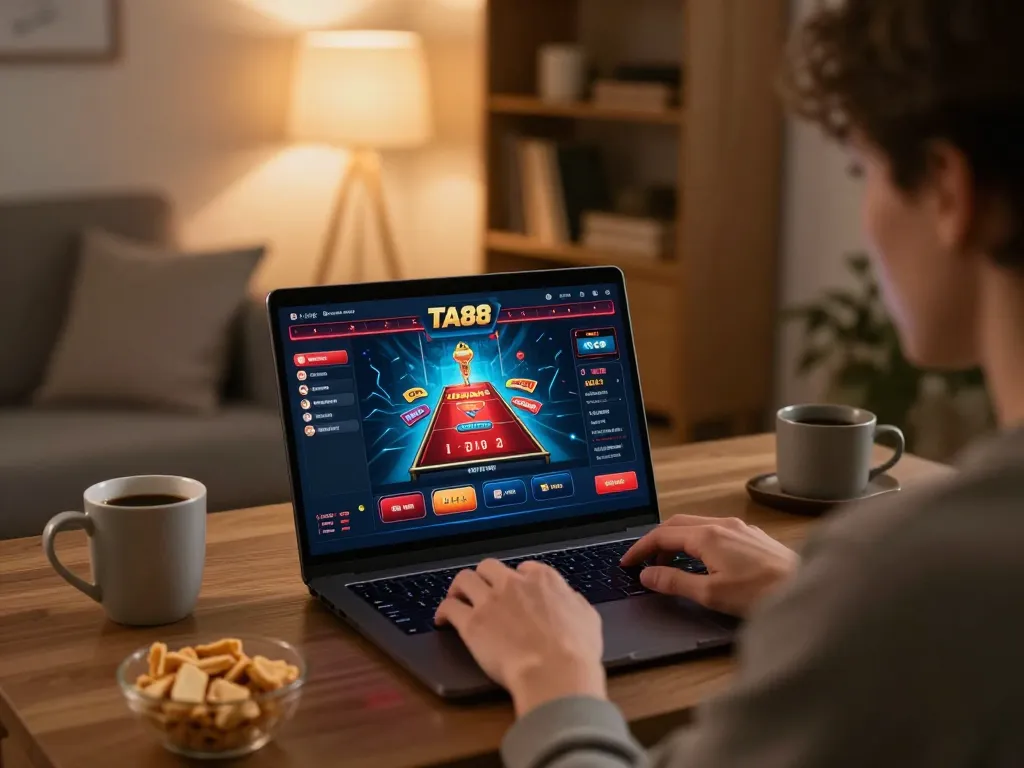 Person gaming on Ta88 online casino interface at home, creating a cozy and engaging environment.