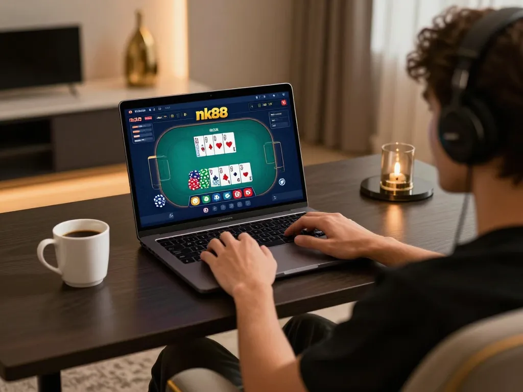 Engaging in nk88 online casino gaming with a laptop in a stylish home setup