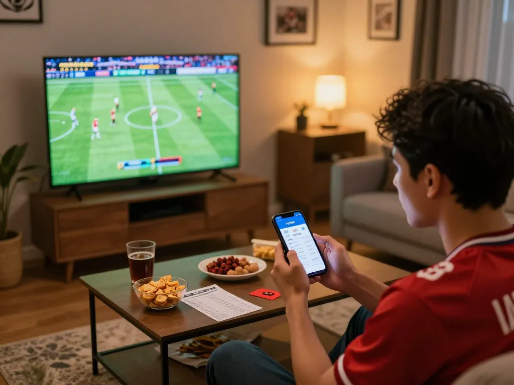 Excited bettor using the vaobet app while watching a live football match at home.