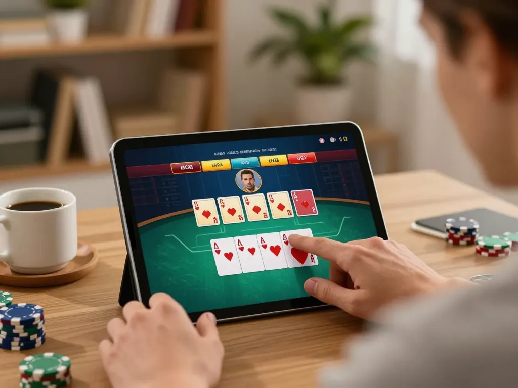 lc88 player analyzing poker hands during a cozy online gaming session with strategic focus