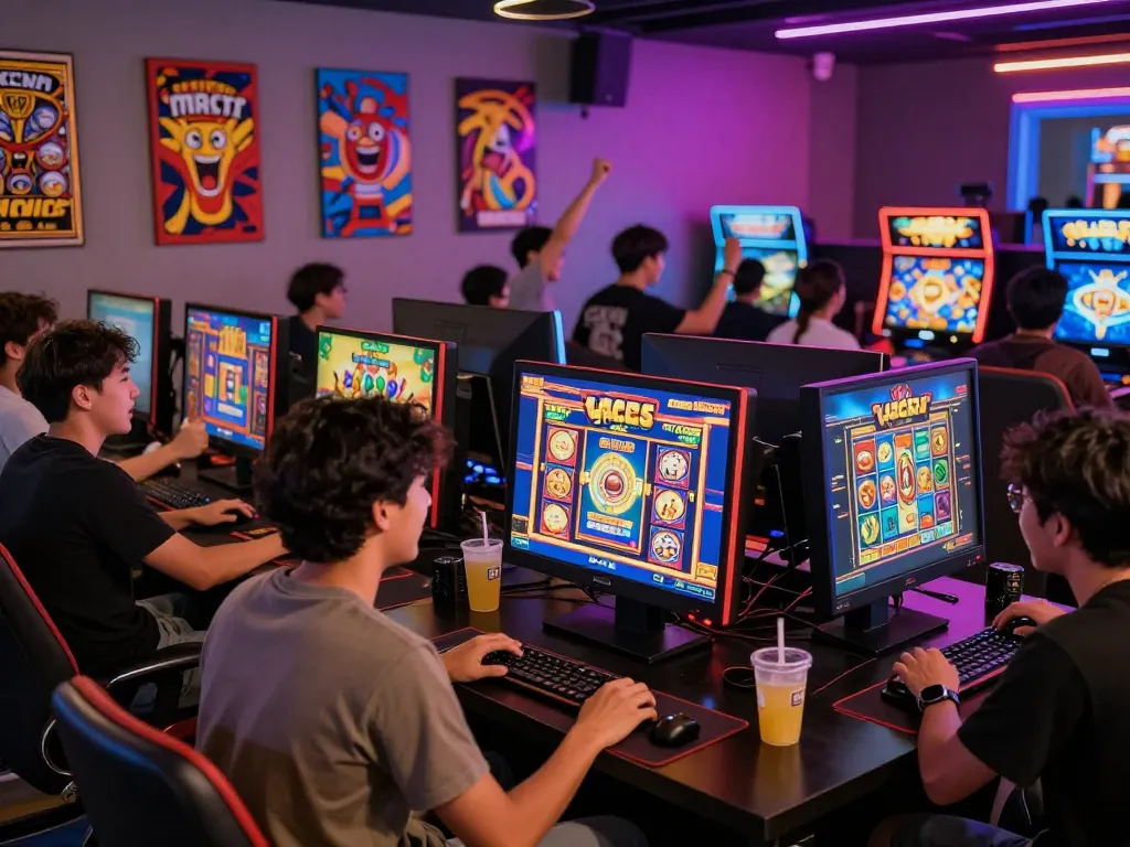Exciting scene of players enjoying slot gacor games in a colorful gaming lounge.