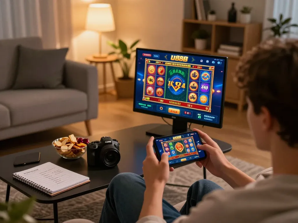 Engaging gaming session on a smartphone displaying u888 app with vibrant casino graphics.