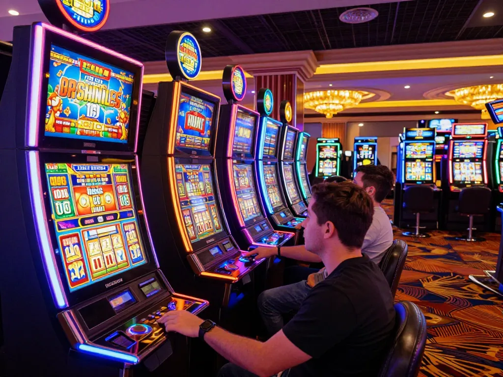 Players engaging with the latest slot machines, showcasing the excitement of situs slot gaming in a vibrant casino atmosphere.