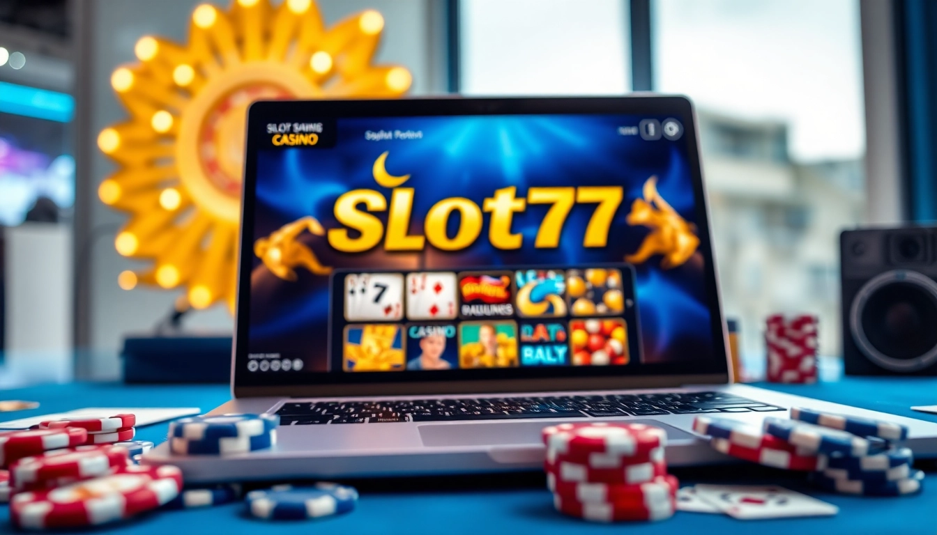 Slot77 kasino online dengan laptop modern dalam pengaturan gaming yang menarik.